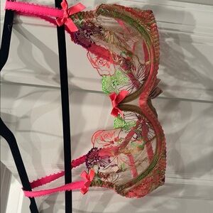 Floral Embroidered Bra with Pink and Green Accents